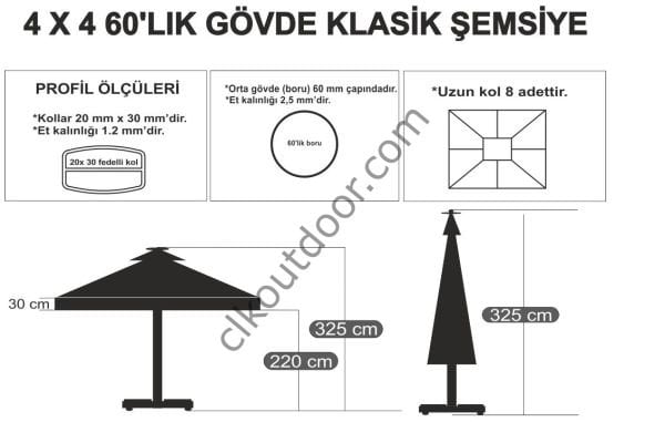 CLK 4x4 Metre Bacalı Mega Q60 Şemsiye Bahçe Cafe Havuz Otel Restorant Şemsiyeleri