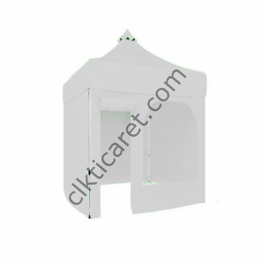 CLK 2x2 Katlanabilir Tente Gazebo Portatif Çadır 30 mm 3 Yan Kapalı 1 Yan Kapı ve Pencereli Beyaz