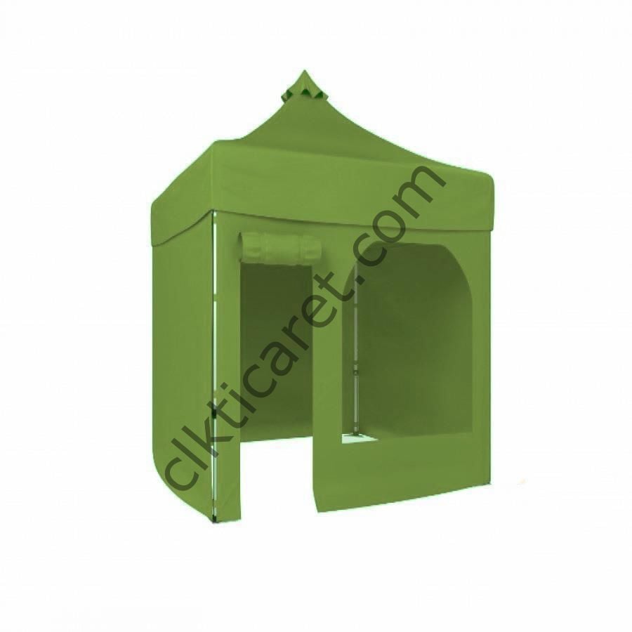 CLK 2x2 Katlanabilir Tente Gazebo Portatif Çadır 30 mm 3 Yan Kapalı 1 Yan Kapı ve Pencereli Haki Askeri Yeşil