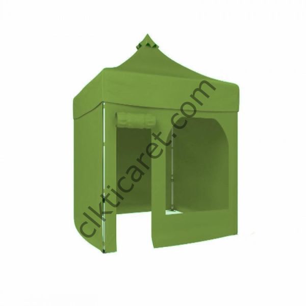 CLK 2x2 Katlanabilir Tente Gazebo Portatif Çadır 30 mm 3 Yan Kapalı 1 Yan Kapı ve Pencereli Haki Askeri Yeşil