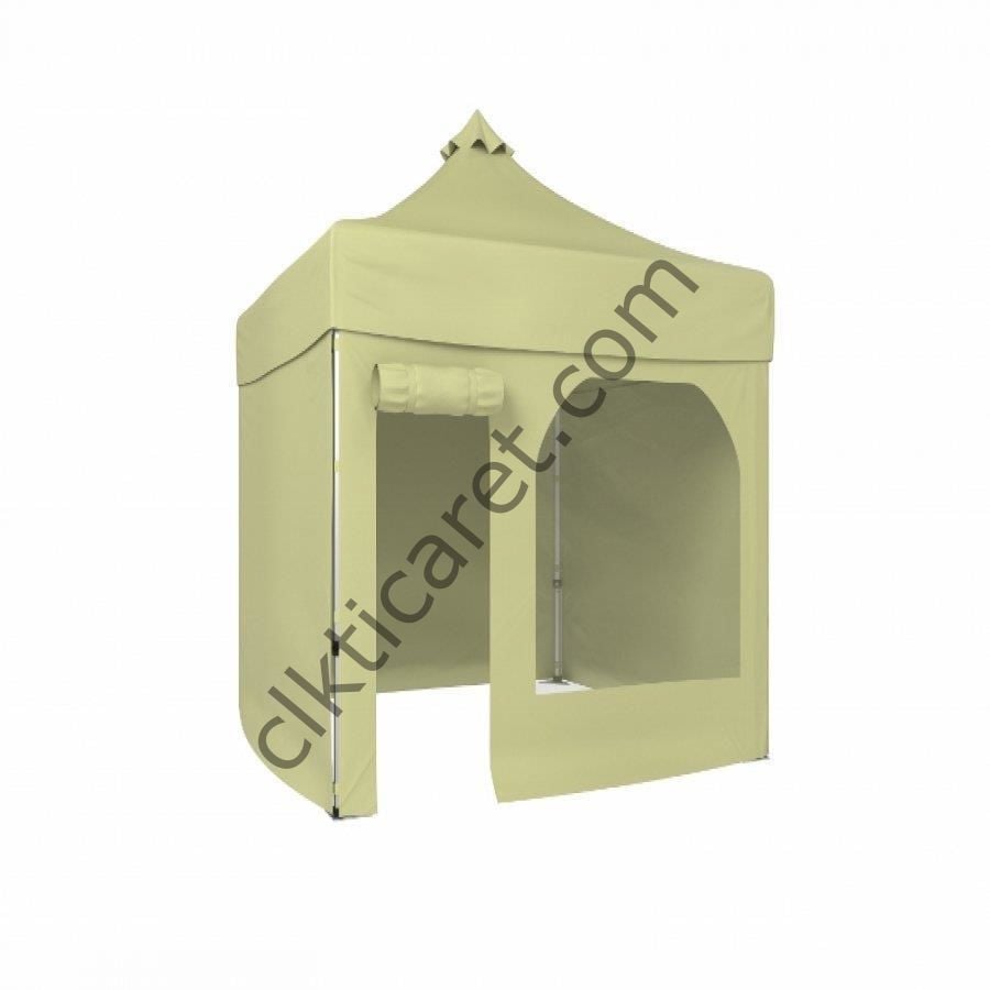 CLK 2x2 Katlanabilir Tente Gazebo Portatif Çadır 30 mm 3 Yan Kapalı 1 Yan Kapı ve Pencereli Krem