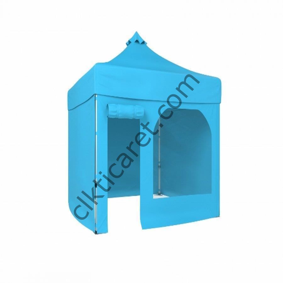 CLK 2x2 Katlanabilir Tente Gazebo Portatif Çadır 30 mm 3 Yan Kapalı 1 Yan Kapı ve Pencereli Açık Mavi (Turkuaz)