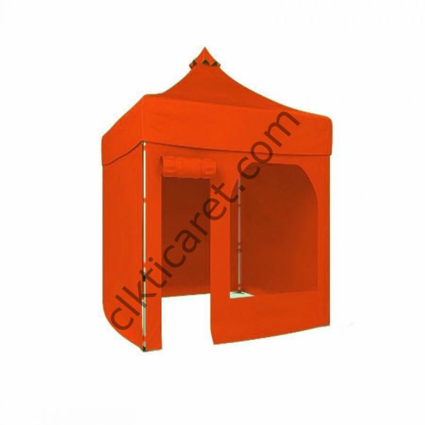 CLK 2x2 Katlanabilir Tente Gazebo Portatif Çadır 30 mm 3 Yan Kapalı 1 Yan Kapı ve Pencereli Turuncu