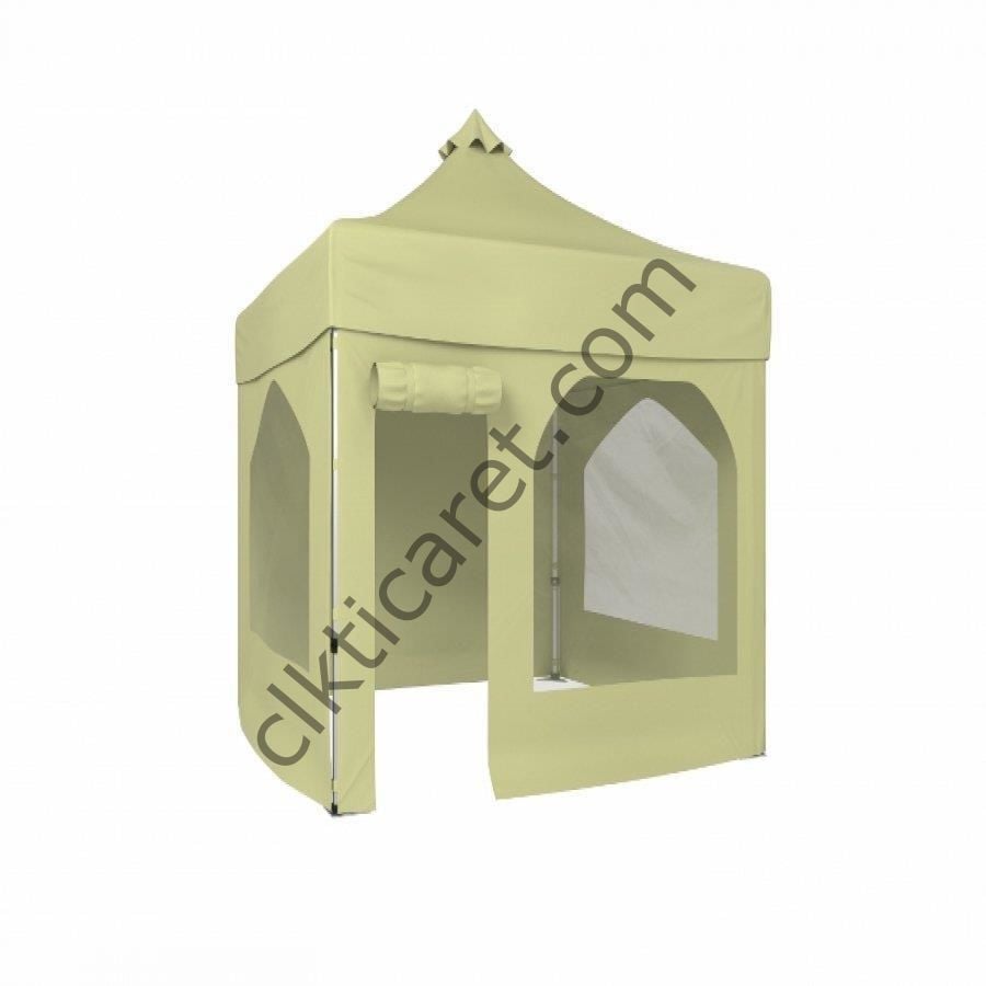 CLK 2x2 Katlanabilir Tente Gazebo Portatif Çadır 2 Yan Pencereli 1 Yan Aksesuarsız 1 Yan Kapı ve Pencereli Krem