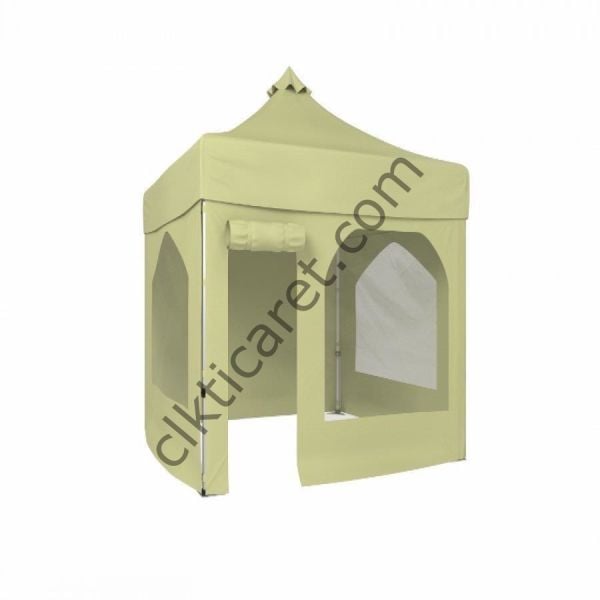CLK 2x2 Katlanabilir Tente Gazebo Portatif Çadır 2 Yan Pencereli 1 Yan Aksesuarsız 1 Yan Kapı ve Pencereli Krem