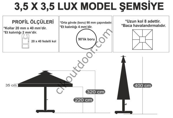 CLK 3,5x3,5 Metre Saçaklı Eko Model Krank Sistem Teleskopik Şemsiye Q80 Profil Polyester (Yerli) - Metal Hareketli Ayak 4 Mermerli (80x80cm 160 kg) - Açık Mavi (Turkuaz)