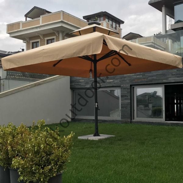 CLK 3,5x3,5 Metre Saçaklı Eko Model Krank Sistem Teleskopik Şemsiye Q80 Profil Polyester (Yerli) - Metal Hareketli Ayak 4 Mermerli (80x80cm 160 kg) - Açık Mavi (Turkuaz)