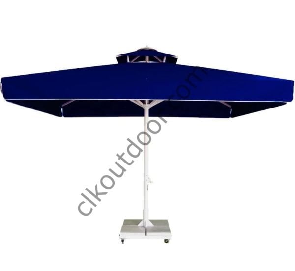 CLK 3,5x3,5 Metre Saçaklı Eko Model Krank Sistem Teleskopik Şemsiye Q80 Profil Polyester (Yerli) - Metal Hareketli Ayak 4 Mermerli (80x80cm 160 kg) - Açık Mavi (Turkuaz)