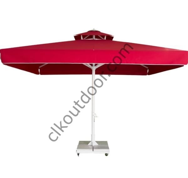 CLK 3,5x3,5 Metre Saçaklı Eko Model Krank Sistem Teleskopik Şemsiye Q80 Profil Polyester (Yerli) - Metal Hareketli Ayak 4 Mermerli (80x80cm 160 kg) - Açık Mavi (Turkuaz)