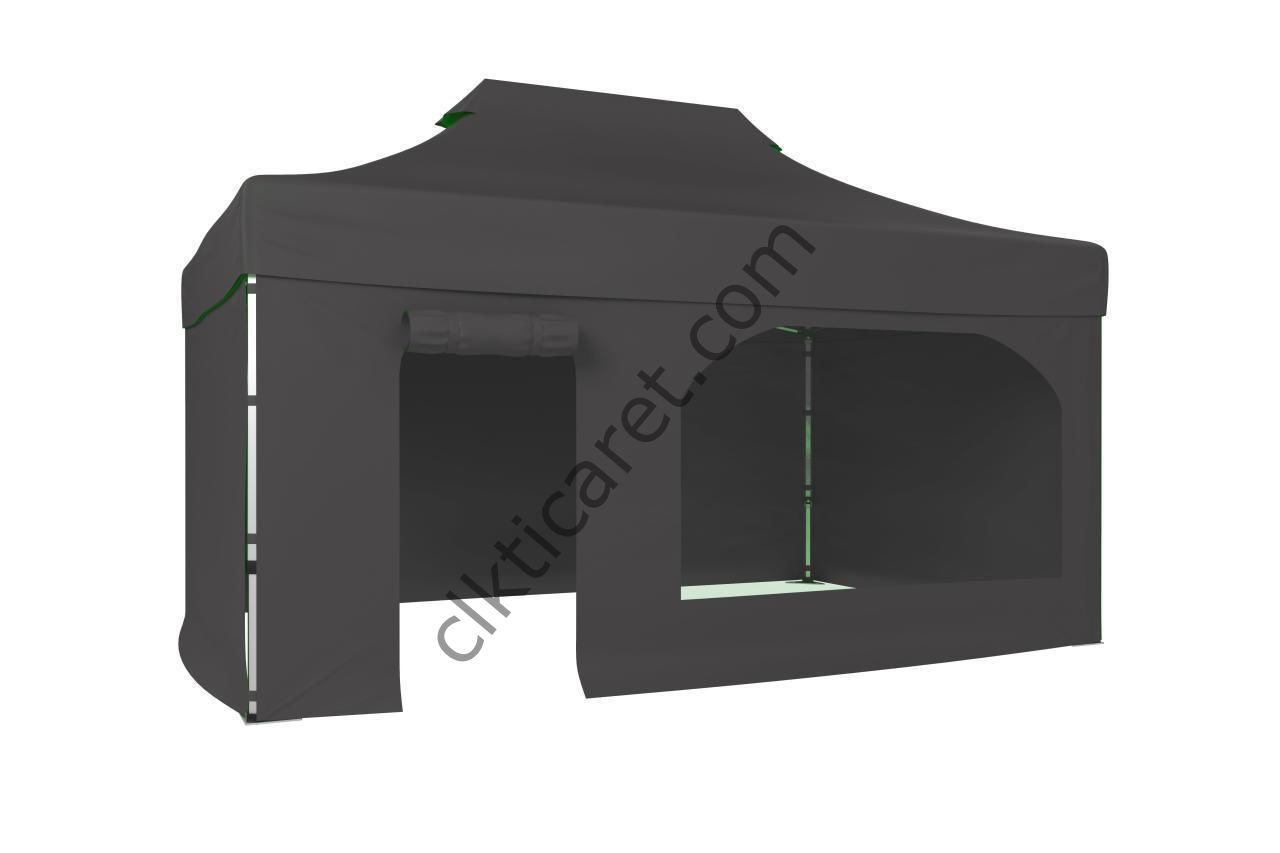 CLK 3x4,5 52mm Kalın Alüminyum Katlanabilir Tente Gazebo Çadır 4 Kenar Kapalı Kapı ve Pencereli Gri