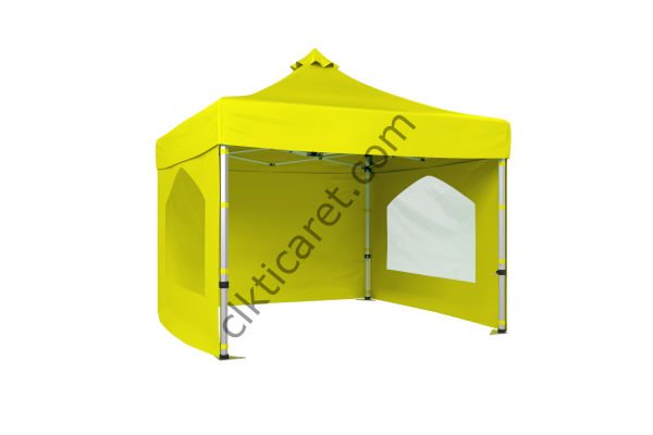 CLK 3x3 Katlanabilir Tente Gazebo Portatif Çadır 30 mm 3 Yan Duvarlı 2 Pencereli Sarı