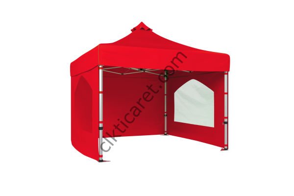 CLK 3x3 Katlanabilir Tente Gazebo Portatif Çadır 30 mm 3 Yan Duvarlı 2 Pencereli Kırmızı