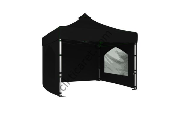 CLK 3x3 Katlanabilir Tente Gazebo Portatif Çadır 30 mm 3 Yan Duvarlı 2 Pencereli Siyah