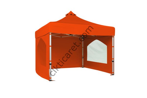 CLK 3x3 Katlanabilir Tente Gazebo Portatif Çadır 30 mm 3 Yan Duvarlı 2 Pencereli Turuncu