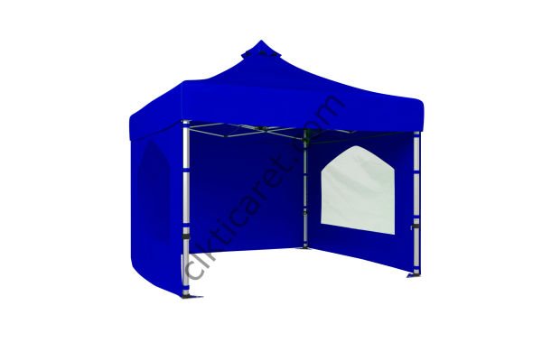 CLK 3x3 Katlanabilir Tente Gazebo Portatif Çadır 30 mm 3 Yan Duvarlı 2 Pencereli Saks Mavi