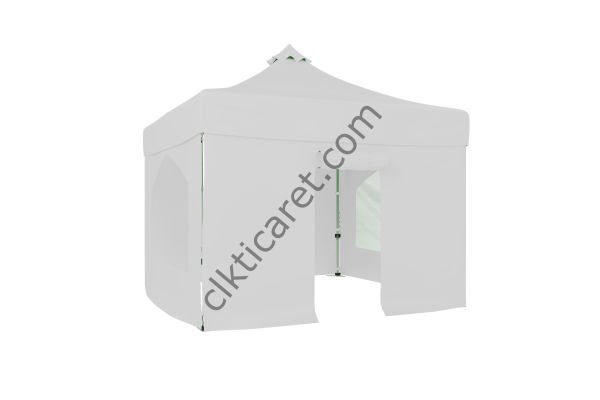 CLK 3x3 Katlanabilir Tente Gazebo Portatif Çadır 30 mm 2 Yan Pencereli 1 Yan Aksesuarsız 1 Yan Kapılı Beyaz
