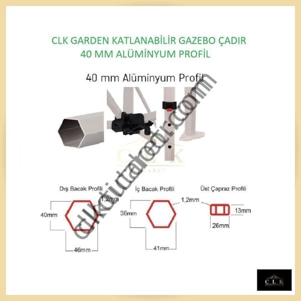 CLK 1,5 mt 40mm Alüminyum Katlanabilir Tente Gazebo Çadır 3 Kenar Kapalı 2 Camlı