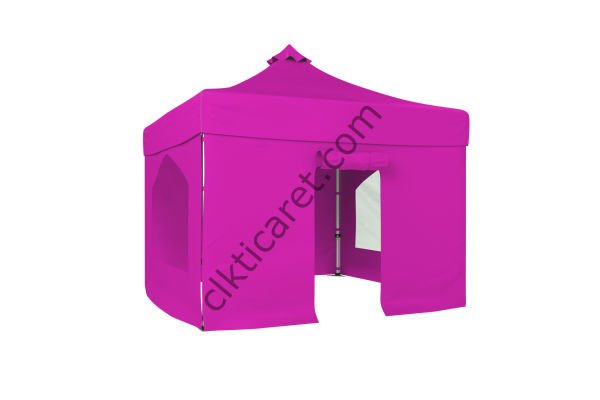 CLK 3x3 Katlanabilir Tente Gazebo Portatif Çadır 30 mm 2 Yan Pencereli 1 Yan Aksesuarsız 1 Yan Kapılı Pembe