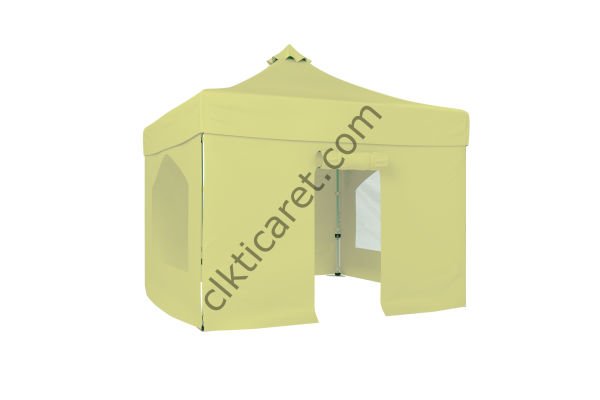 CLK 3x3 Katlanabilir Tente Gazebo Portatif Çadır 30 mm 2 Yan Pencereli 1 Yan Aksesuarsız 1 Yan Kapılı Krem