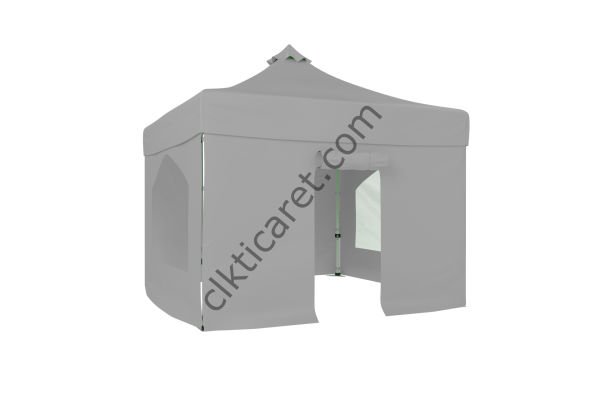 CLK 3x3 Katlanabilir Tente Gazebo Portatif Çadır 30 mm 2 Yan Pencereli 1 Yan Aksesuarsız 1 Yan Kapılı Açık Gri