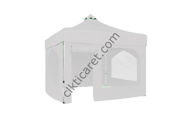 CLK 3x3 Katlanabilir Tente Gazebo Portatif Çadır 30 mm 2 Yan Pencereli 1 Yan Aksesuarsız 1 Yan Kapı ve Pencereli Beyaz