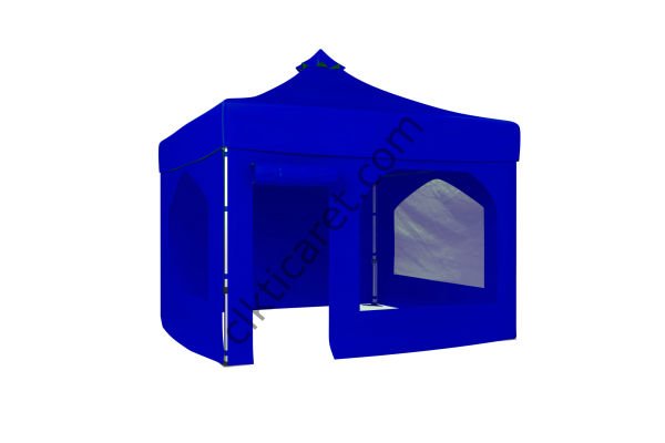 CLK 3x3 Katlanabilir Tente Gazebo Portatif Çadır 30 mm 2 Yan Pencereli 1 Yan Aksesuarsız 1 Yan Kapı ve Pencereli Saks Mavi