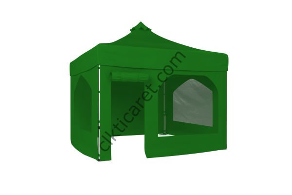 CLK 3x3 Katlanabilir Tente Gazebo Portatif Çadır 30 mm 2 Yan Pencereli 1 Yan Aksesuarsız 1 Yan Kapı ve Pencereli Benetton Yeşil
