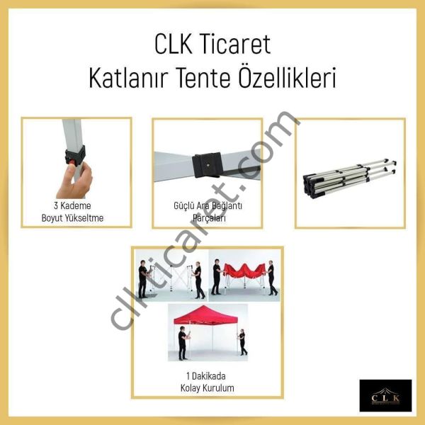 CLK 4x4 40 mm Katlanabilir Tente Gazebo Çadır Gazebo Çadır 1 Tam Duvar 3 Yarım Duvar Siyah
