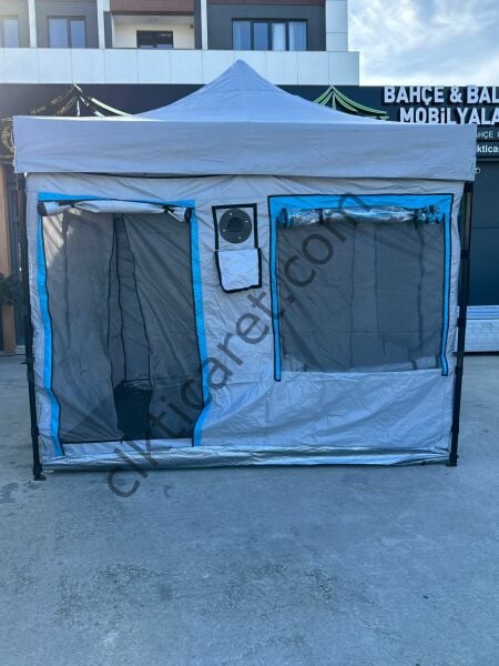 CLK 3x3 30 mm Profil Katlanır Gazebo Portatif Kamp Çadır Açık Gri Mavi Detaylı