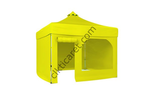 CLK 3x3 Katlanabilir Tente Gazebo Portatif Çadır 30 mm 3 Yan Kapalı 1 Yan Kapı ve Pencereli Sarı
