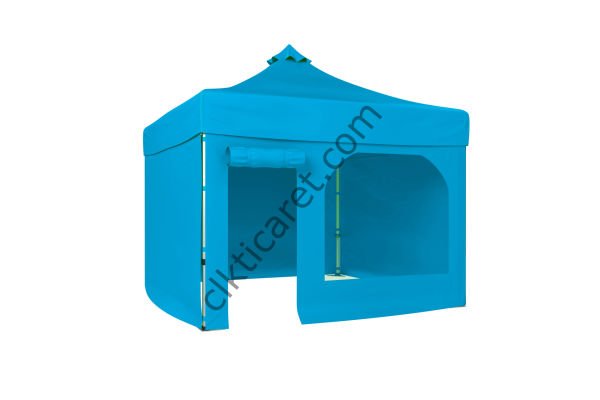 CLK 3x3 Katlanabilir Tente Gazebo Portatif Çadır 30 mm 3 Yan Kapalı 1 Yan Kapı ve Pencereli Açık Mavi (Turkuaz)