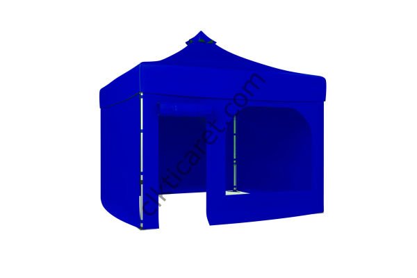 CLK 3x3 Katlanabilir Tente Gazebo Portatif Çadır 30 mm 3 Yan Kapalı 1 Yan Kapı ve Pencereli Saks Mavi