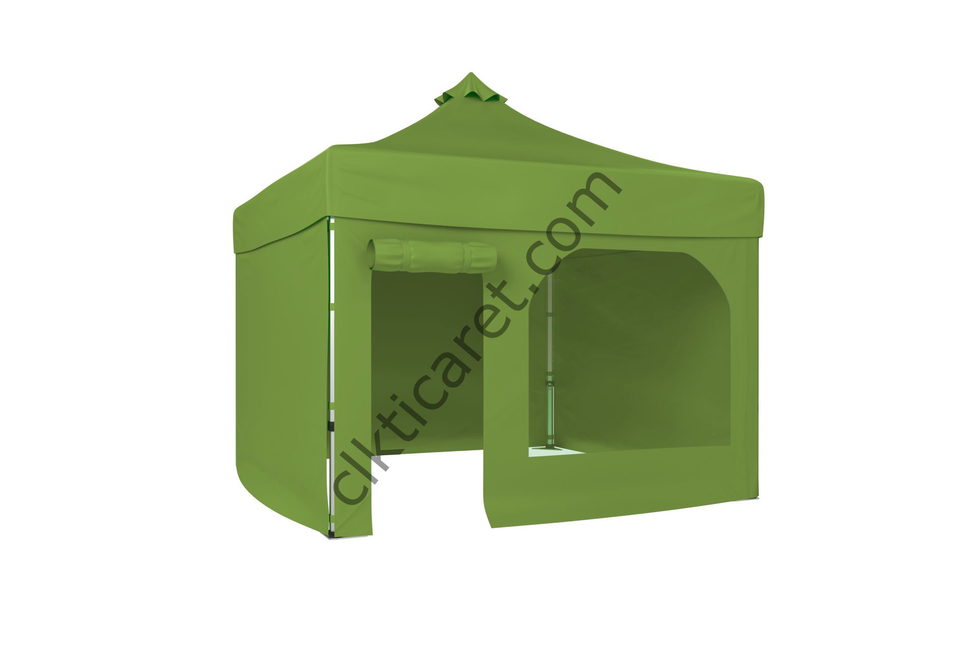 CLK 3x3 Katlanabilir Tente Gazebo Portatif Çadır 30 mm 3 Yan Kapalı 1 Yan Kapı ve Pencereli Haki Askeri Yeşil