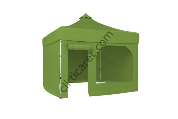 CLK 3x3 Katlanabilir Tente Gazebo Portatif Çadır 30 mm 3 Yan Kapalı 1 Yan Kapı ve Pencereli Haki Askeri Yeşil