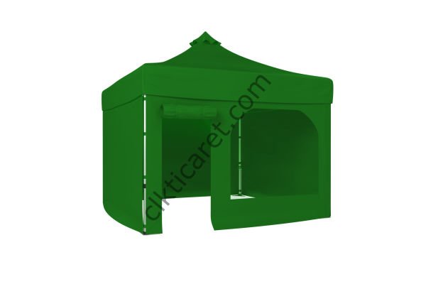 CLK 3x3 Katlanabilir Tente Gazebo Portatif Çadır 30 mm 3 Yan Kapalı 1 Yan Kapı ve Pencereli Benetton Yeşil