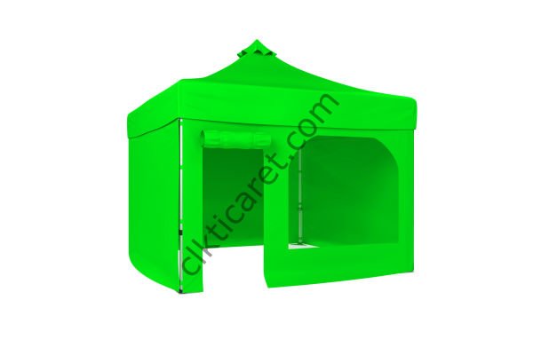 CLK 3x3 Katlanabilir Tente Gazebo Portatif Çadır 30 mm 3 Yan Kapalı 1 Yan Kapı ve Pencereli Açık Yeşil