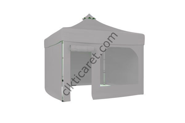CLK 3x3 Katlanabilir Tente Gazebo Portatif Çadır 30 mm 3 Yan Kapalı 1 Yan Kapı ve Pencereli Açık Gri