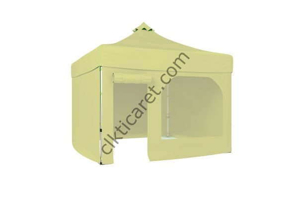 CLK 3x3 Katlanabilir Tente Gazebo Portatif Çadır 30 mm 3 Yan Kapalı 1 Yan Kapı ve Pencereli Bej
