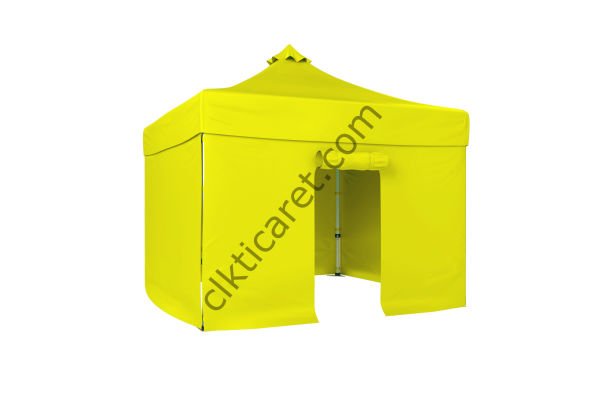 CLK 3x3 Katlanabilir Tente Gazebo Portatif Çadır 30 mm 3 Yan Kapalı 1 Kapılı Sarı