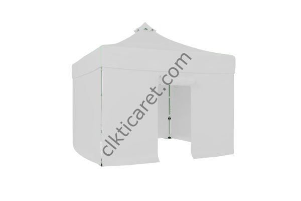 CLK 3x3 Katlanabilir Tente Gazebo Portatif Çadır 30 mm 3 Yan Kapalı 1 Kapılı Beyaz