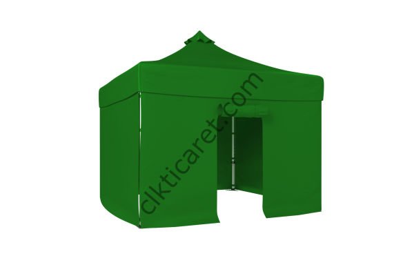 CLK 3x3 Katlanabilir Tente Gazebo Portatif Çadır 30 mm 3 Yan Kapalı 1 Kapılı Benetton Yeşil