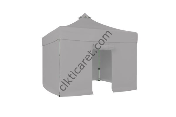 CLK 3x3 Katlanabilir Tente Gazebo Portatif Çadır 30 mm 3 Yan Kapalı 1 Kapılı Açık Gri