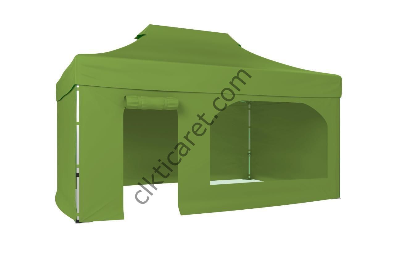 CLK 3x4,5 40 mm Katlanabilir Tente Gazebo Çadır Gazebo Çadır 3 Yan Kapalı 1 Yan Kapı ve Pencereli Haki Askeri Yeşil