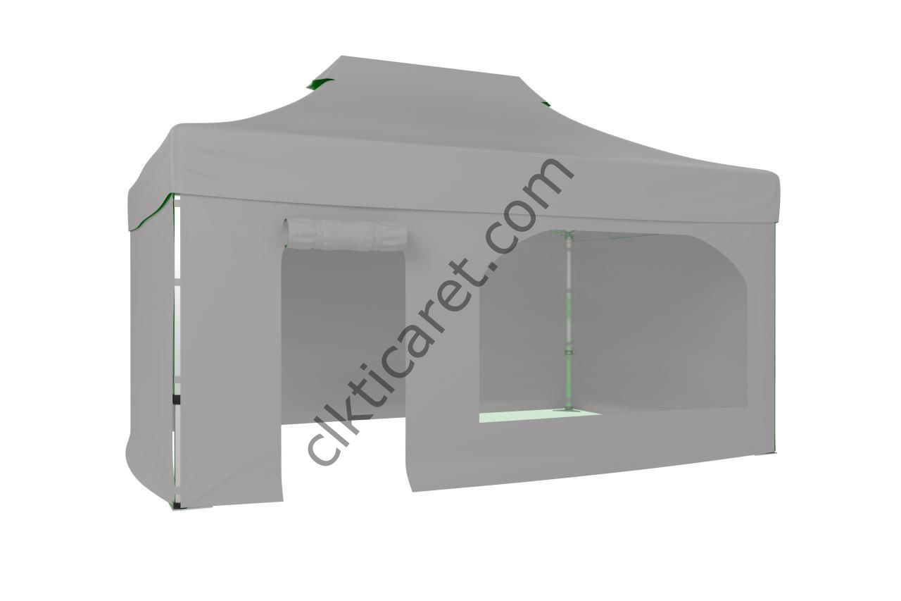 CLK 3x4,5 40 mm Katlanabilir Tente Gazebo Çadır Gazebo Çadır 3 Yan Kapalı 1 Yan Kapı ve Pencereli Açık Gri