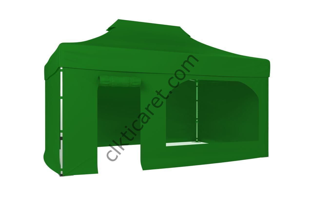 CLK 3x4,5 40 mm Katlanabilir Tente Gazebo Çadır Gazebo Çadır 3 Yan Kapalı 1 Yan Kapı ve Pencereli Benetton Yeşil