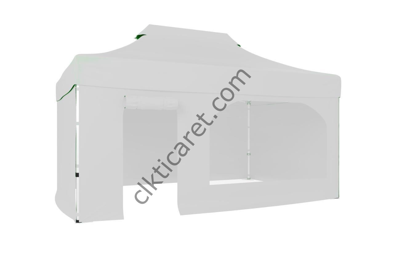 CLK 3x4,5 40 mm Katlanabilir Tente Gazebo Çadır Gazebo Çadır 3 Yan Kapalı 1 Yan Kapı ve Pencereli Beyaz