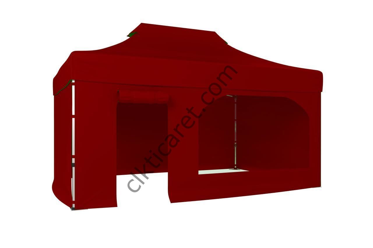 CLK 3x4,5 40 mm Katlanabilir Tente Gazebo Çadır Gazebo Çadır 3 Yan Kapalı 1 Yan Kapı ve Pencereli Bordo
