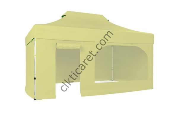CLK 3x4,5 40 mm Katlanabilir Tente Gazebo Çadır Gazebo Çadır 3 Yan Kapalı 1 Yan Kapı ve Pencereli Krem