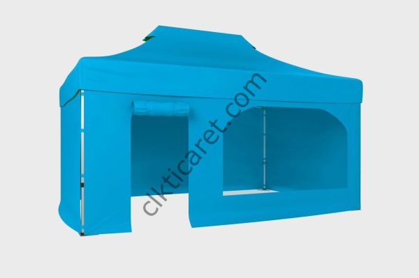 CLK 3x4,5 40 mm Katlanabilir Tente Gazebo Çadır Gazebo Çadır 3 Yan Kapalı 1 Yan Kapı ve Pencereli Açık Mavi (Turkuaz)