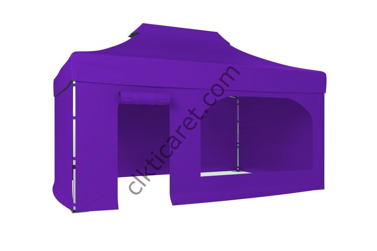 CLK 3x4,5 40 mm Katlanabilir Tente Gazebo Çadır Gazebo Çadır 3 Yan Kapalı 1 Yan Kapı ve Pencereli Mor